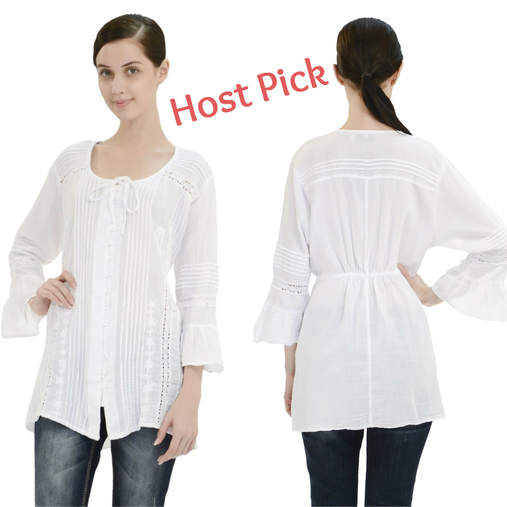 NWT White Cotton Tunic Blouse Embroidered Top New